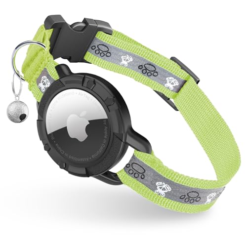 Reflective AirTag Cat Collar, Integrated Cat Tracker Collar with Air Tag Holder and Bell, Safety Elastic Band Cat GPS Collars for Girl Boy Cats, Kittens and Puppies (Olive,XS) - color: Olive, size: XS(7"-9")