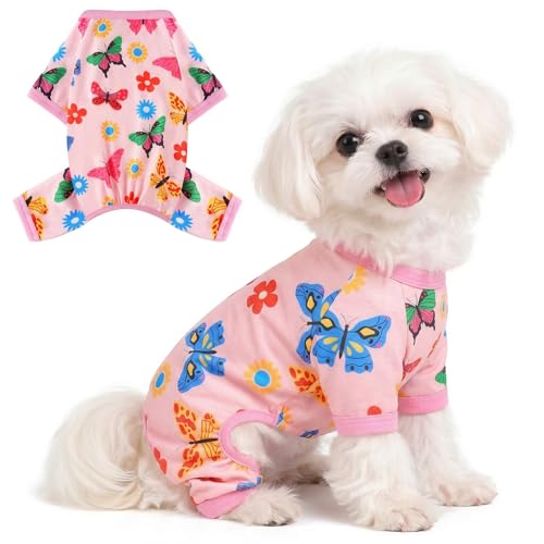 Dog Pajamas for Small Dogs - Soft Cotton 4-Leg Puppy PJs, Stretchable Breathable Pet Onesie Jumpsuit Sleepwear for Yorkie, Chihuahua, Toy Poodle & Tiny Breeds (Pink Butterfly,S) - color: Pink Butterfly, size: Small (Chest 13in)