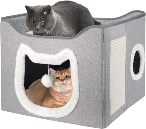 Selecta Grey Indoor Cat House - Foldable, Covered Cat Bed Cave with Fluffy Ball and Scratch Pad