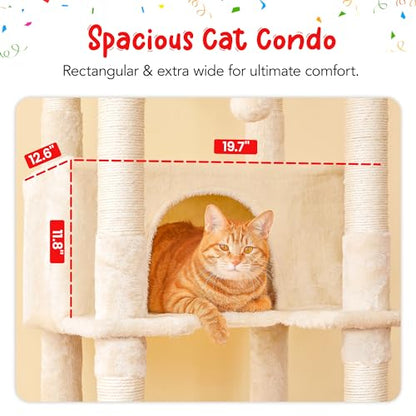 77-Inch Tall Cat Tree, Multi-Level Large Cat Tower with 4 Hammocks, 2 Padded Perches, Cat Condo, Sisal Scratching Posts and Hanging Toys for Adult Cats, Beige - color: Beige, size: XXL (19.7 x 19.7 x 77 Inches)
