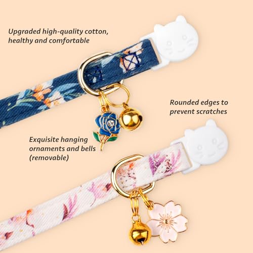 2 Pack Cotton Breakaway Cat Collar White and Blue Flowers Pendant Cute Kitten Cat Collar with Bell - color: White&Blue