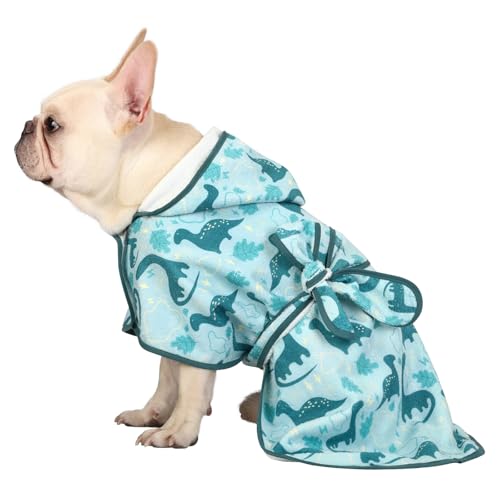 HDE Dog Bathrobe Super Absorbent Quick Drying Puppy Towel Wrap Coat Adjustable After Bath Robes with Hood for Dog Sizes S-XXL Dinosaurs M - color: Dinosaurs, size: Medium