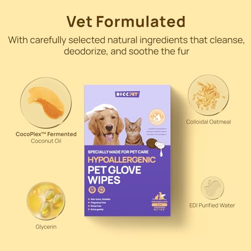 HICC PET Cleaning Deodorizing Glove Wipes for Dogs & Cats, Vet Recommended Hypoallergenic Hydrating & Nourish Fur Pet Grooming Glove Wipes, Pet Bathing Wipes for Horse Coat Care,6pcs Unscented - size: 6 PCS