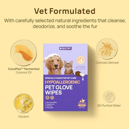 HICC PET Cleaning Deodorizing Glove Wipes for Dogs & Cats, Vet Recommended Hypoallergenic Hydrating & Nourish Fur Pet Grooming Glove Wipes, Pet Bathing Wipes for Horse Coat Care,6pcs Unscented - size: 6 PCS