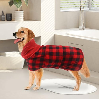 Geyecete Dog Drying Coat - Fast Drying Dog Bathrobe Towel - Microfibre Super Absorbent Pet Cat Bath Robe - Red Black Grid-S - color: Red Black Grid, size: Small