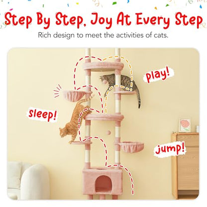 Pink Cat Tree, Floor to Ceiling Cat Tower Adjustable Height [92.9-102.4 in=235-258cm], 7 Tiers Cat Climbing Play House with Scratching Post, Cozy Condo & Hammocks for Indoor Cats - color: Pink