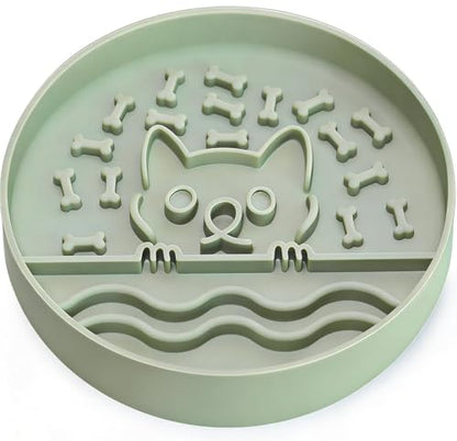 Slow Feeder Dog Bowl for Small Medium Dogs & Cats, 7.5 Inch Non Slip Slow Bowl with 37 Suction Cups, Anti-Choking Food Grade Silicone Slow Eating Bowl - color: Grey Green