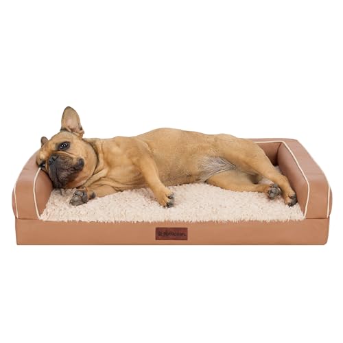 Furhaven Orthopedic Dog Sofa Bed – Memory Foam Couch with Bolsters, Textured Plush & Water-Resistant Cover, Washable Cover, Joint Support - Camel, Medium - color: Camel, size: Medium