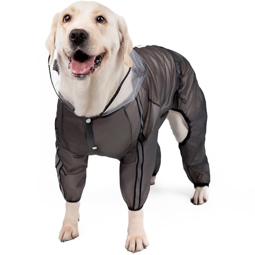 Olsa Dog Raincoat, Dog Hooded Slicker Poncho, 4 Legs Rain Jacket with Reflective Stripe, Transparent Water Proof Resistant Rain Snow Clothes for Small Medium Large (Black, XL) - color: Black, size: XL