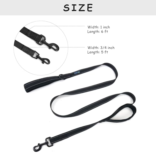 Wagtime Club Double Handle Dog Leash, 6ft Long Heavy Duty Dog Leash with Paded Traffic Handles for Extral Control and Training, Dual Handles Leads, Large Medium Small Dogs (Reflective Black) - color: Reflective Black