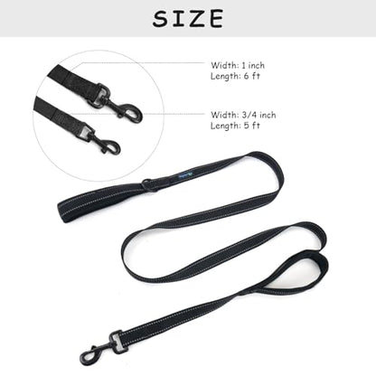 Wagtime Club Double Handle Dog Leash, 6ft Long Heavy Duty Dog Leash with Paded Traffic Handles for Extral Control and Training, Dual Handles Leads, Large Medium Small Dogs (Reflective Black) - color: Reflective Black