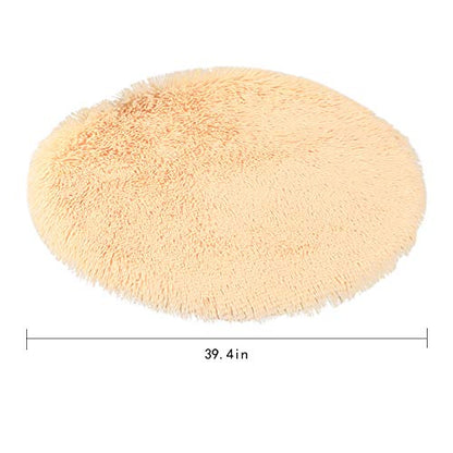 39 Inch Plush Dog Bed Mat Warm Fluffy Round Puppy Crate Pad with Anti-Slip Waterproof Bottom Soft Comfy Pet Kennel Mat for Small and Medium Dogs Sleeping(Beige) - color: Beige, size: 39 Inch