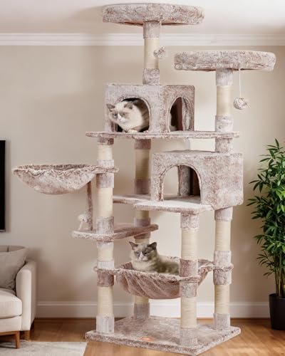 Heybly Cat Tree, 70 inches Tall Cat Tower Condo with Toy for Indoor Large Cats, Cat House Furniture with Padded Plush Perch, Cozy Hammock and Sisal Scratching Posts, Muchroom HCT032MU - color: Muchroom, size: 70.08 inch