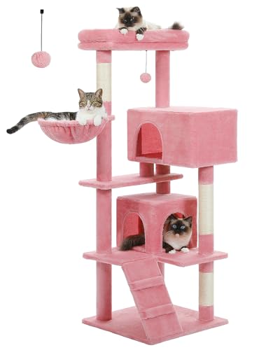 MUTTROS Pink Cat Tree for Large Cats with Super Large Top Perch,56.2" Multi-Level Tower for Indoor Cats with Hammock, Cat Shelves with Scratching Posts and 2 Condos Houses, Pink - color: Pink, size: 56.3inch