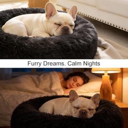 Dog Calming Beds for Small Medium Large Dogs - Round Donut Washable Puppy Dog Bed, Anti-Slip Faux Fur Fluffy Donut Cuddle Anxiety Cat Pet Bed(20" Black - color: Black, size: 20"L x 20"W x 8"Th