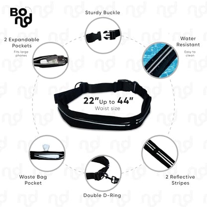 Bond Dog Running Leash Hands Free with Pouch, Hands Free Leash for Large Dogs, Pet Lead Running Belt for Walking & Canicross Belt, Includes Waist Jogging Fanny Pack & Pet Car Seat Belt Safety - color: Black