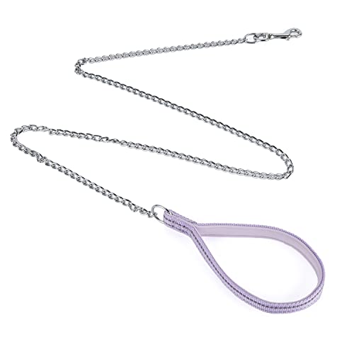 Chew Proof Metal Chain Leash,Nylon Handle with Soft Neoprene Padding and Reflective Stripe for Medium Dogs.(M, Purple Handle) - color: Reflective Purple, size: Medium