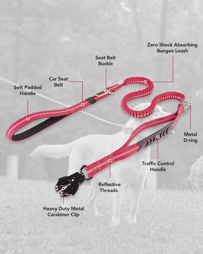 Joytale Tactical Dog Leash Heavy Duty, 4-6FT Shock Absorbing Bungee Lead with 2 Padded Handle, Metal Carabiner Clip, Car Seatbelt, Strong No Pull Leash for Medium Large X-Large Dogs, Hot Pink - color: Hot pink