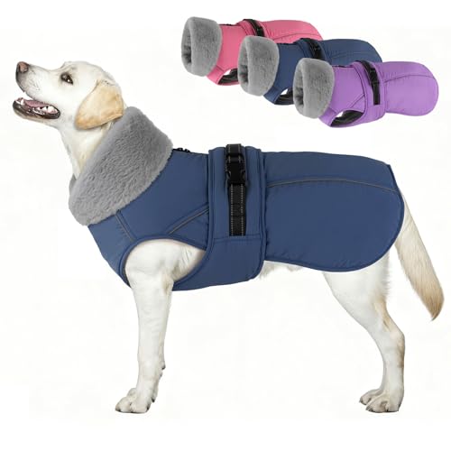 Dog Coat Large, Windproof Dog Jacket with Warm Fleece Lining, Thickened Collar Dogs Winter Coat, Adjustable Reflective Pet Coats for Cold Weather (Navy Blue, XXX-Large) - color: Navy Blue, size: XXX-Large