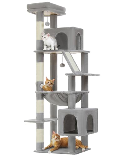 MUTTROS 71" Tall Cat Tree for Large Cat 20 lbs with Super Large Hammock, Heavy Duty Cat Tower with 4 Sisal Scratching Posts & 2 Spacious Condos for Big Adult Cats Maine Coon-Grey - color: Grey, size: 71inch