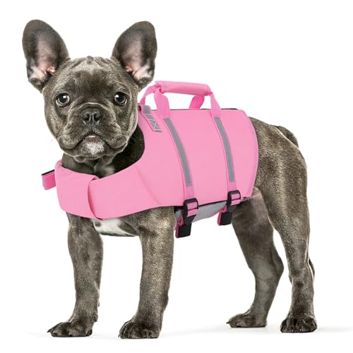 Queenmore Dog Life Jacket, Dog Life Vest for Swimming, Adjustable Reflective Pet Lifepreserver with Rescue Handle, High Buoyancy Puppy Life Vest for Boating, Cat Lifesaver (LightPink, XS) - color: Light Pink, size: X-Small