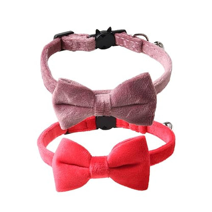 Love Dream Cat Collar Breakaway with Bow Tie and Bells - 2 Pack Velvet Girl Boy Kitty Safety Kitten Collars with Removable Bowtie for Cats Kittens, Red & Pink - color: Red & Pink