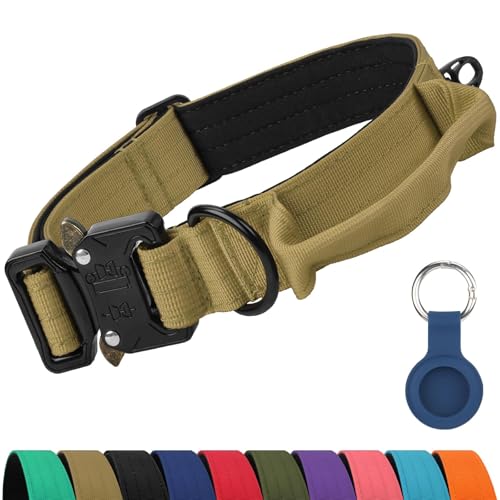 Joytale Tactical Dog Collar for Medium Dogs with Control Handle, Heavy Duty Military Training Collar for Power Breeds, AirTag Holder Case, Quick Release Metal Buckle, Soft Padded, M, Khaki - color: Khaki, size: M-1.0"×14-18"