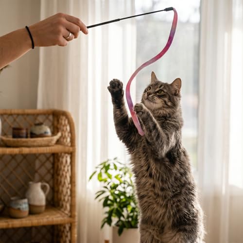 3 Pack Cute Cat Toy Wands Interactive Cat String Toys for Indoor Cats, Colorful Ribbon Cats Teaser Wand Ribbon Toys