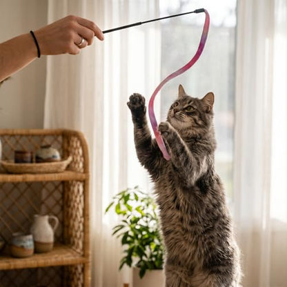 3 Pack Cute Cat Toy Wands Interactive Cat String Toys for Indoor Cats, Colorful Ribbon Cats Teaser Wand Ribbon Toys