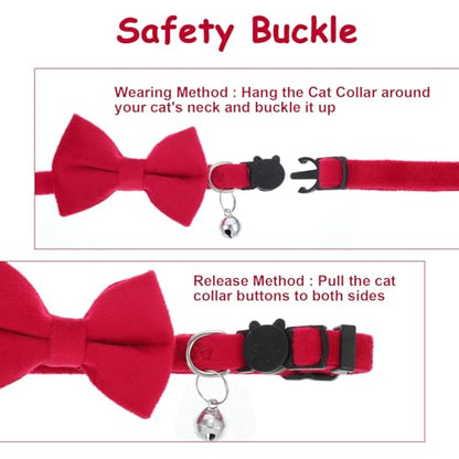 Cat Collar Breakaway Cat Bow Tie Adjustable from 7 to 11 Inches Soft Velvet Bowtie Cat Collar with Bell for Kitten Puppy Cats Wedding Costumes (Red) - color: Red