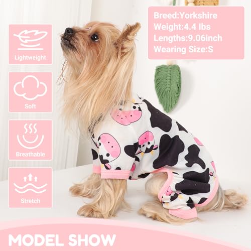 Dog Pajamas Small Sized Dogs Stretchable Summer Dog Clothes Pjs 4 Legs Girl Boy Cute Soft Puppy Outfits Doggie Cat Jammies Jumpsuit Sleeper for Pet, Pink Cow, L - color: Pink Cow, size: Large (Chest 17in )