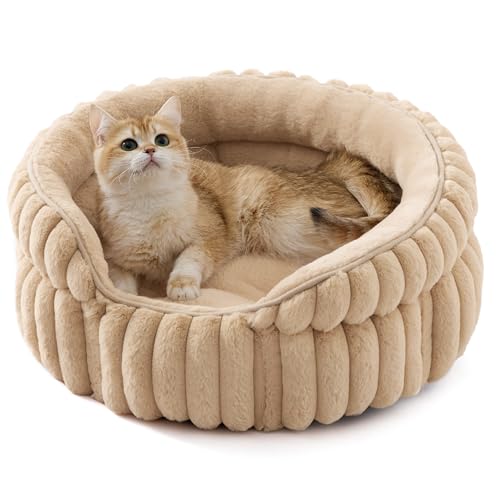 Bedsure ComfyFleece™ Cat Bed, Washable Round Cute Pet Beds for Indoor Cats, Super Soft Corduroy Kitten Bed with Anti-Slip Bottom, 20''x20''x8'', Sandy Beige - color: Sandy Beige, size: 20''x20''x8''