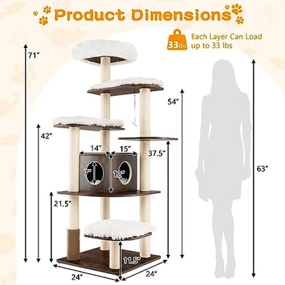 PETSITE Tall Cat Tree for Indoor Cats, 71 Inches Multi-Level Modern Cat Tower with Plush Perch, Cozy Condo, Platforms, Sisal Scratching Posts, EVA Massage Comb & Removable Cushions (Brown) - color: Brown