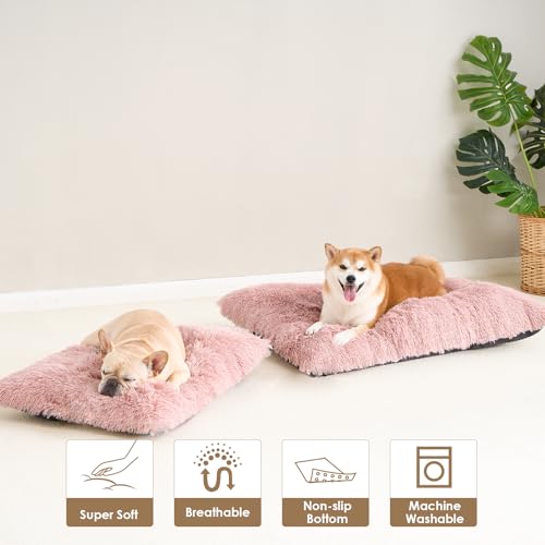 EHEYCIGA Fluffy Dog Crate Bed for Medium Dogs, Plush Faux Fur Pet Crate Pad, Calming Anti Anxiety Medium Pet Bed, Washable Soft Warm Dog Mat with Non-Slip Bottom, Pink - color: Pink, size: 29.5 x 20