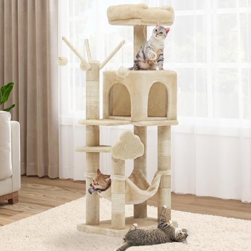 YITAHOME 44in Multi-Level Cat Tree for Indoor Kittens, Cat Furniture with Scratch Posts, Window Padded Plush Perch, Comfortable Hammock, and Interactive Pompoms, Beige - color: Beige, size: 44inch