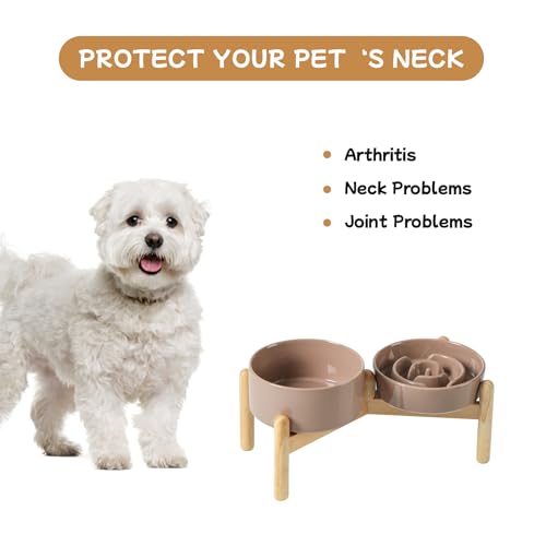 Havniva 6.1” Raised Slow Feeder Dog Bowls Set, 0.9 Cups Ceramic Slow Feeder Dog Bowl and 6.1” Dog Water Bowl with Elevated Wooden Stand Puzzle Dog Food Bowl for Small Dogs Anti-Gulping & Anti-Choking - color: 2 x Brown Coffee+Stand-A, size: 6.1inch-New
