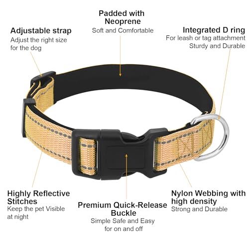 Dog Collars Adjustable for Puppy and Small Dogs,Heavy Duty Waterproof Dog Collar with Quick Release Buckle,Girl Boy Female Male Reflective Nylon Dog Collar with Soft Neoprene Padded,XS,Camel - color: Camel, size: X-Small