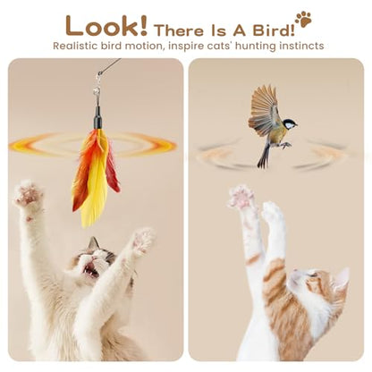 Pawaboo Feather Teaser Cat Toy, Interactive Wands Cats Toy Flying Feathers Cat Catcher with Extra Long 34.5" Wand and Small Bell, Playing Toys, 1 Wand + 10 Feathers, Multi-Color Feather Blend - color: Z-Mixed Color-10 Pack