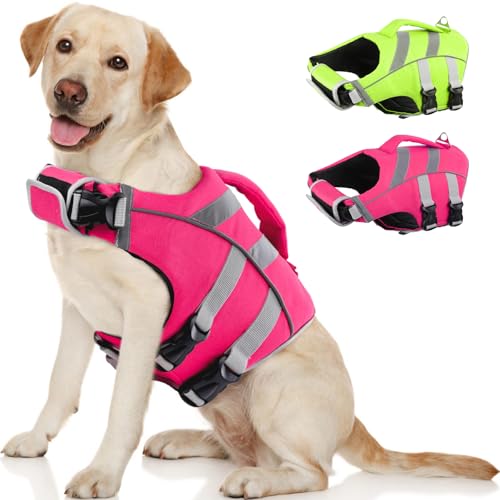 Kuoser Dog Life Jacket with Reflective Stripes, Dog Life Vest for Swimming Boating, Adjustable Pet Lifejackets with High Flotation, Doggie Swimsuit for Small Medium Large Dogs - color: Pink, size: Xs (Chest Girth:12.9-18.1'')