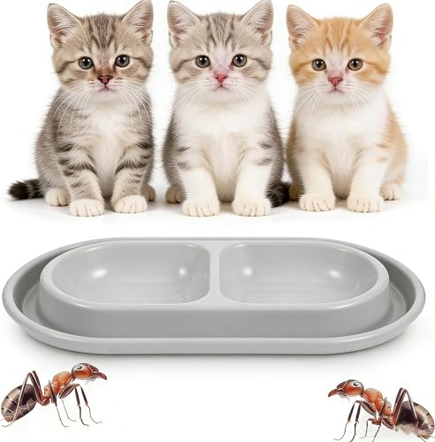 Alasum Ant Repellent Cat Bowl with Water Moat, Dual Food and Water Bowls for Indoor Outdoor Cats &Amp; Small Dogs, Space Saving Spill Resistant Pet Feeding Station, Gray, 10.6x5.9x1.4 in - color: Grey