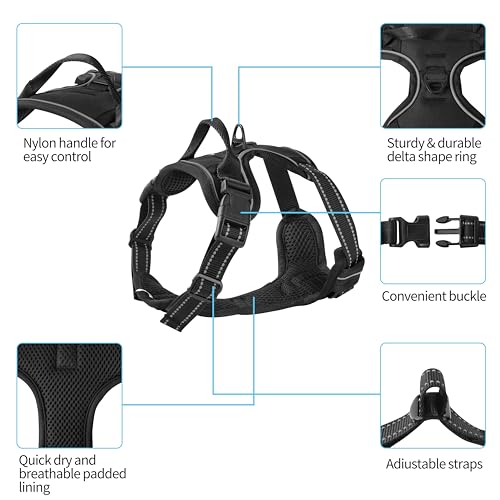 Black Adjustable Reflective No-Pull Dog Harness with 2 Leash Clips，Soft Padded Vest for Medium Dog, Easy to Put on and Take Off, Black M - color: Black, size: Medium