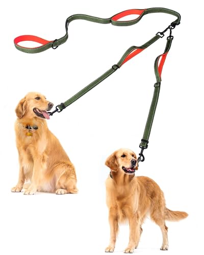 Double Dog Leash, No Tangle Dual Leash, Reflective Walking Training Lead, 4 Comfortable Padded Handles for 2 Dogs with Collapsible Bowl and Waste Bags (Khaki Green, Large) - color: Khaki Green