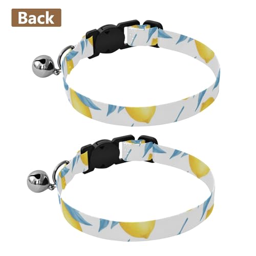 Yellow Lemons Blue Leaves Dog Collar with Bell 2 Pack Dog Collar Adjustable 10.6 to 17.1 Inches - color: Yellow Lemons Blue Leaves
