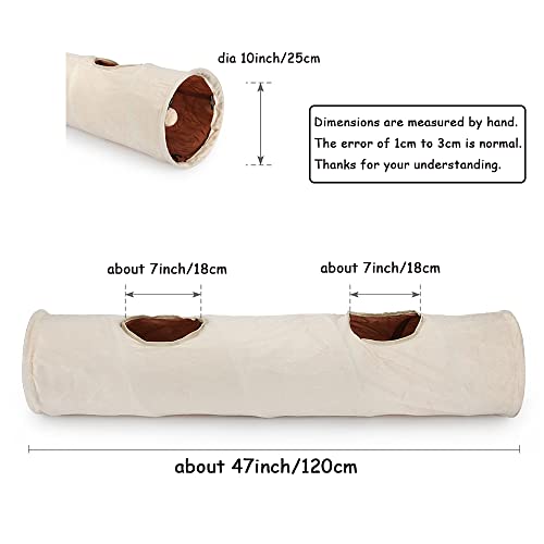 Primst Collapsible Cat Tunnel,Durable Suede Pet Toys Play Tunnel with Ball and Hole,for Cats,Rabbits,Kittens,Puppy and Small Pets (Beige 47x10inch)