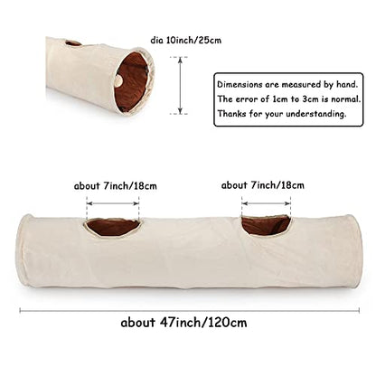 Primst Collapsible Cat Tunnel,Durable Suede Pet Toys Play Tunnel with Ball and Hole,for Cats,Rabbits,Kittens,Puppy and Small Pets (Beige 47x10inch)