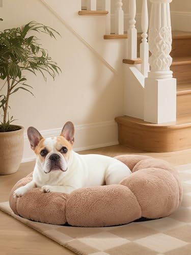 OhGeni 27 inches Calming Donut Dog & Cat Bed for Medium Pets, Warming Comfort Fluffy Short Pile Fur, Durable Machine Washable Round Bed, Cute Round Bed for Puppy and Kitten, Camel - color: 1-Camel, size: M (27"L x 27"W x 8.5"Th)