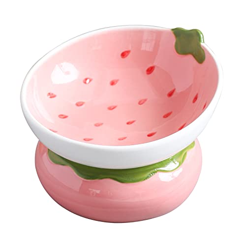 Ceramic Raised Cat Bowl - Pink Elevated Food Bowl for Indoor Cats, Anti-Vomiting & Spine Protection, Cute Tilted Dish for Flat-Faced Cats and Kittens (Strawberry Shaped) - color: Pink