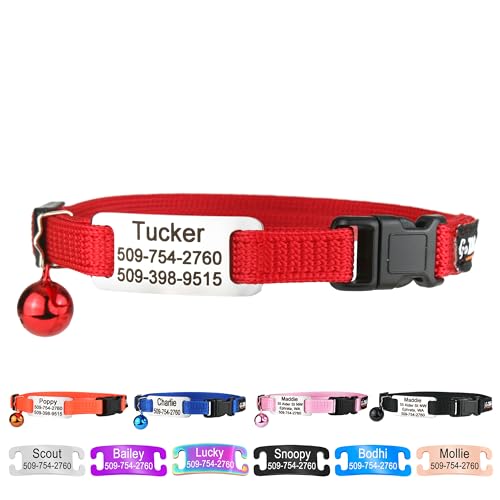 GoTags Personalized Cat Collars with Tag, Engraved Custom Cat Collar with Name and Phone, Breakaway Collar with Safety Buckle and Bell, Adjustable for Cats and Kitten (Red with Nameplate) - color: Red, size: One-Size (Classic)