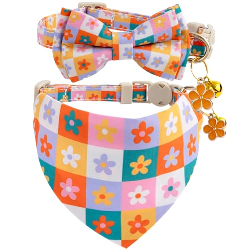 Faygarsle 2 Pack Floral Pattern Cat Collar Set with Bandana and Bow Tie, Breakaway Safety Buckle, Colorful Checkered Design - color: Colorful Plaid