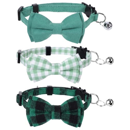 3pcs Bow Tie Cat Collar with Bells, Breakaway Bowtie Plaid Cat Collar, Soft Adjustable Bow Cats Collars for Kitten Puppy and Small Pets(Green) - color: dark green
